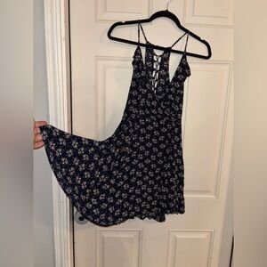 Windsor Navy Blue Ditsy Floral Lace-Up Back Mini Dress Ruffle